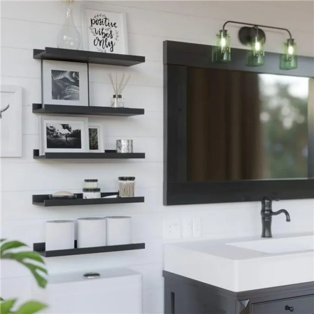 5 Set Floating Wall Mounted Shelves Black Wall Decor Modern Picture Ledge Shelf